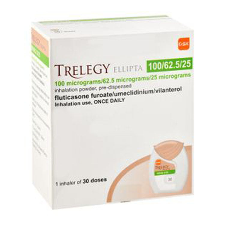 TRELEGY Ellipta 100mcg Fluticasone Furoate, 62.5mcg Umeclidinium & 25mcg Vilanterol Inhalation Powder with Inhaler Device (30 Doses) 1 pcs